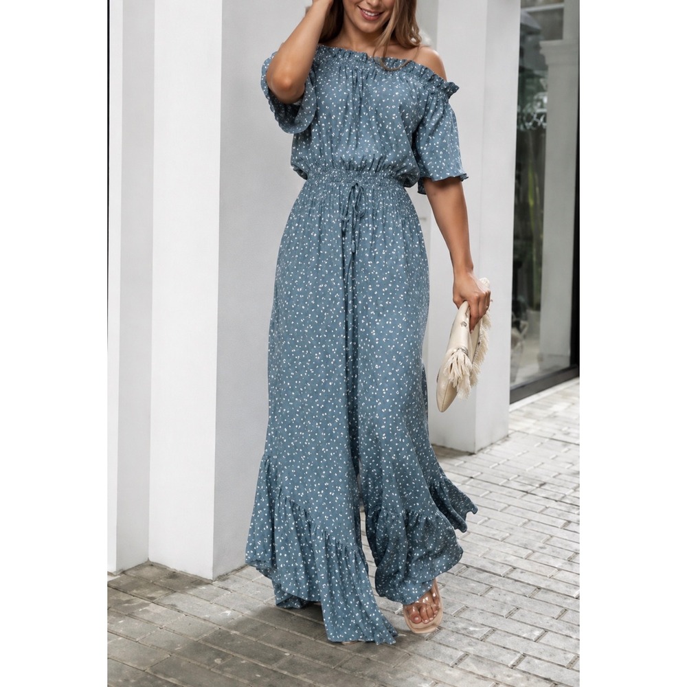 Blue B sz M Ruffled Flare Wide Leg Puff Sleeve Jumpsuit Romper Cottage Western